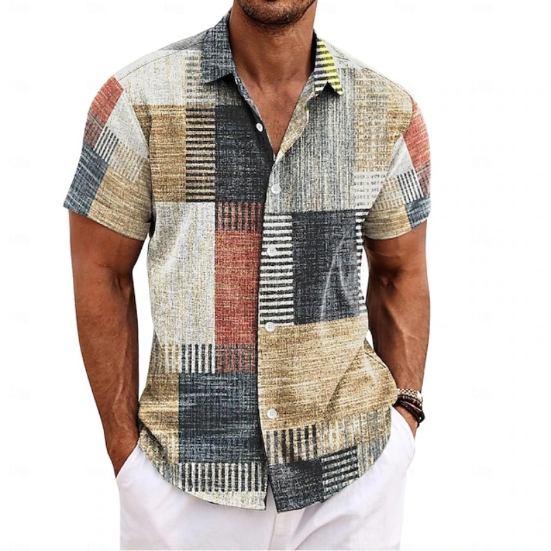 Vintage Collectible Buttons - Men's Summer Shirt Vintage Patchwork Printed